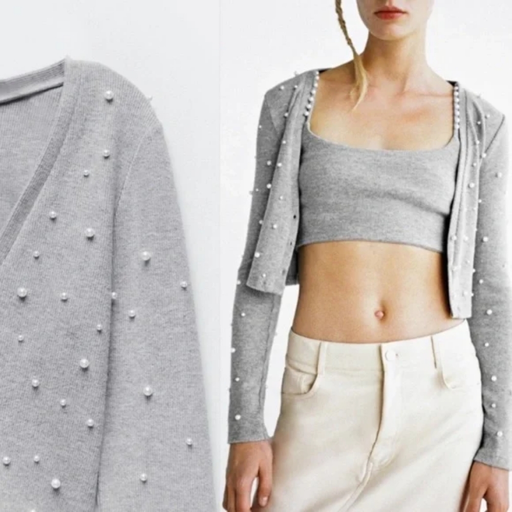 ZARA Grey Cropped Pearl Cardigan